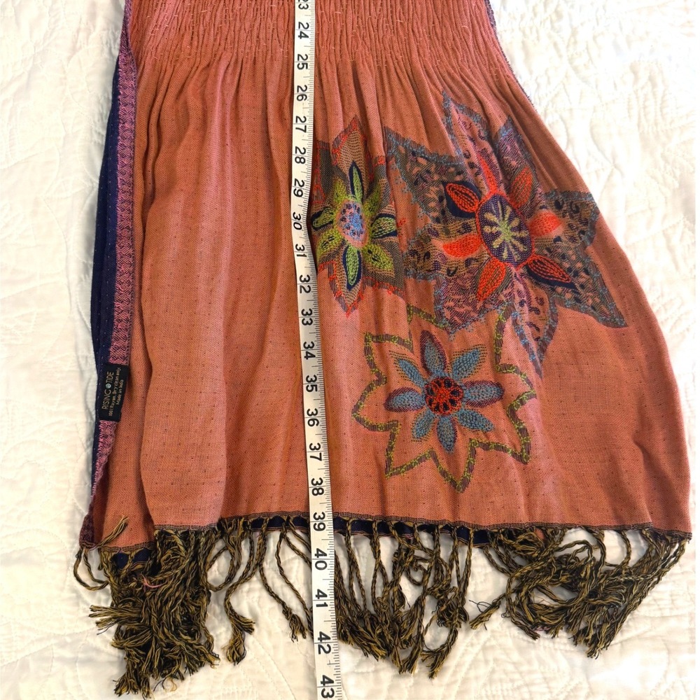 Rising Tide Reversible Scarf Terracotta Navy Blue Floral Embroidered Boho Fringe - Picture 5 of 7